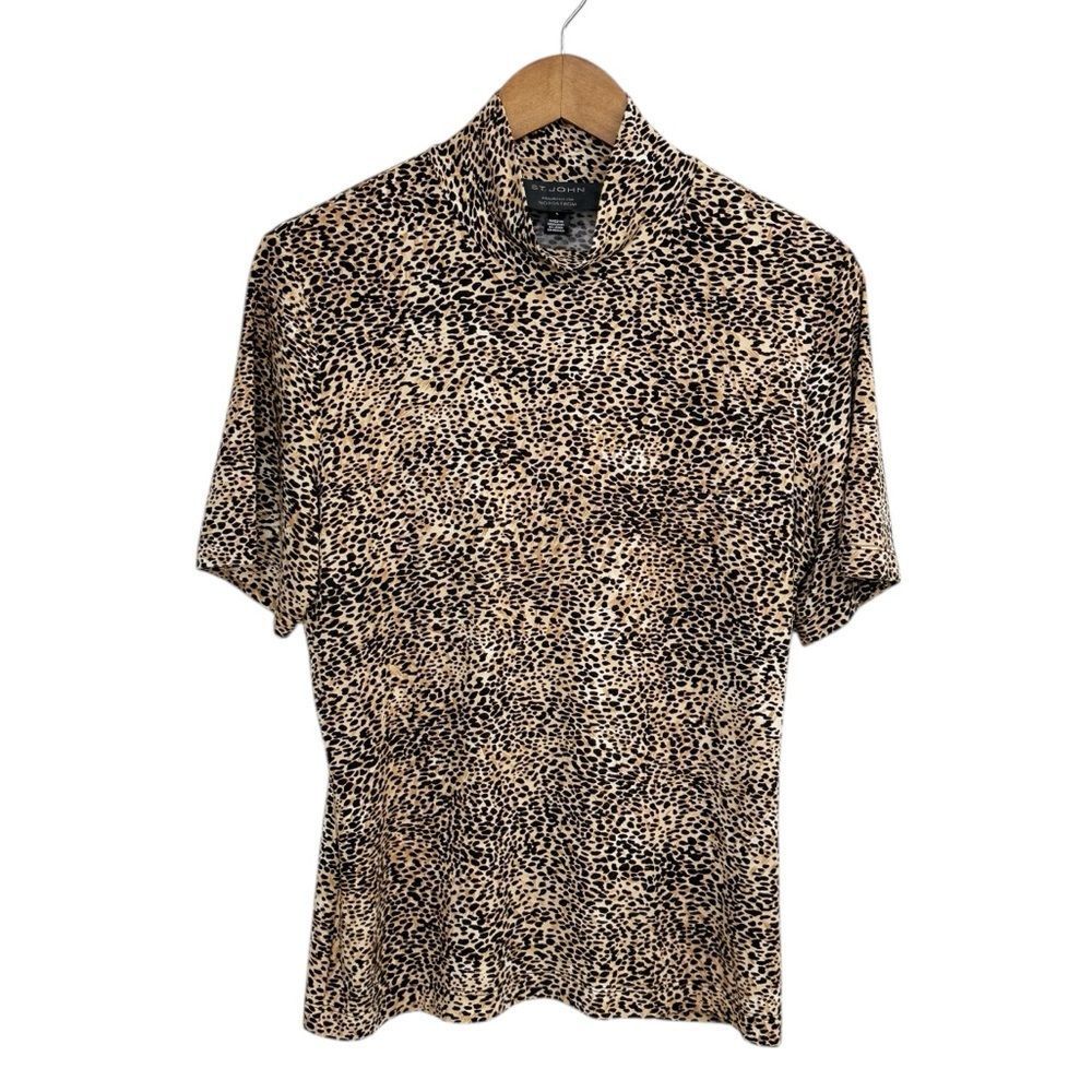 St. John Leopard Mock Neck Top Short Sleeve Size Large